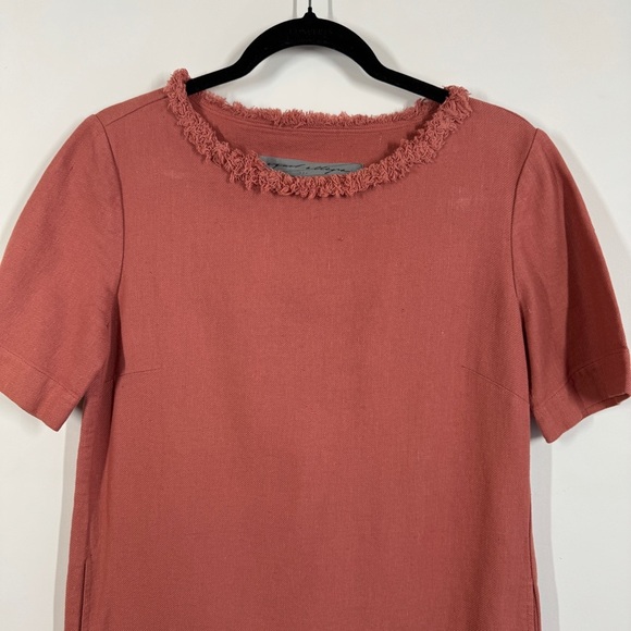 Raquel Allegra Rust Red Fringe Neck Cotton Boho Minimalist Dress - Picture 3 of 15